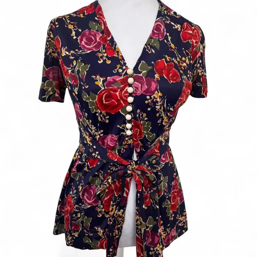 90'S VINTAGE GORGEOUS‎ FLORAL BUTTON UP BABY DOLL TIE BLOUSE MEDIUM.